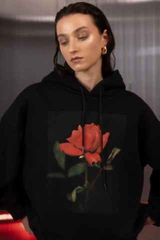 Rose Print Cotton Hoodie | Black