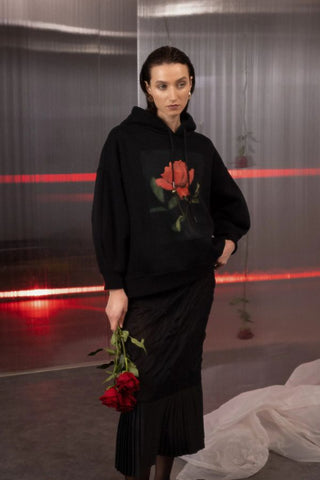 Rose Print Cotton Hoodie | Black