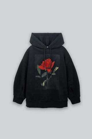 Rose Print Cotton Hoodie | Black