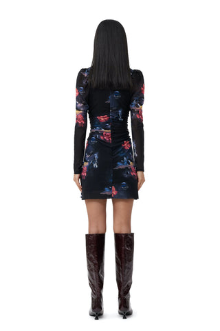 Printed Mesh Gathered Mini Dress | Black