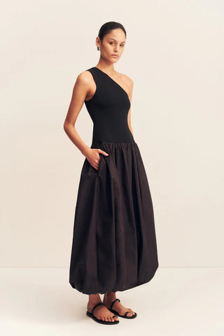 Aliah One Shoulder Bubble Midi Dress | Black