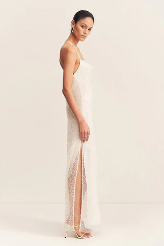 Iridescent Double Cowl Open Back Maxi Dress Ivory – LoversLand