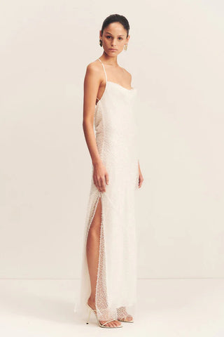 Iridescent Double Cowl Open Back Maxi Dress | Ivory