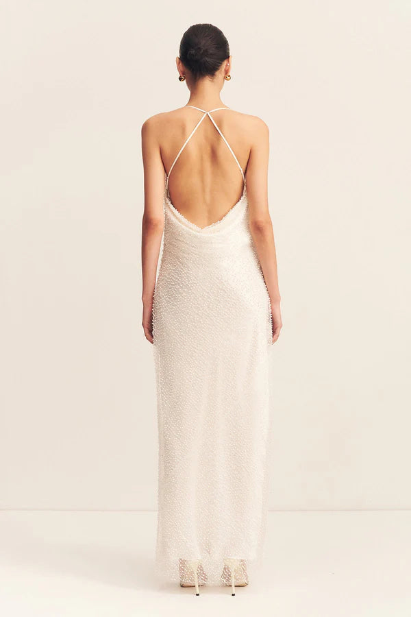Iridescent Double Cowl Open Back Maxi Dress