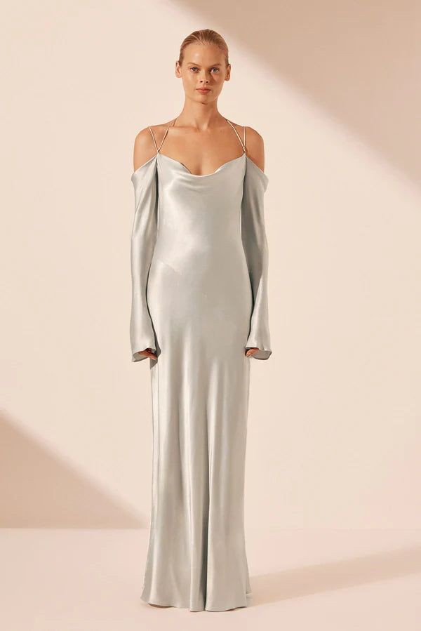 La Lune Off Shoulder Tie Maxi Dress Silver โ LoversLand
