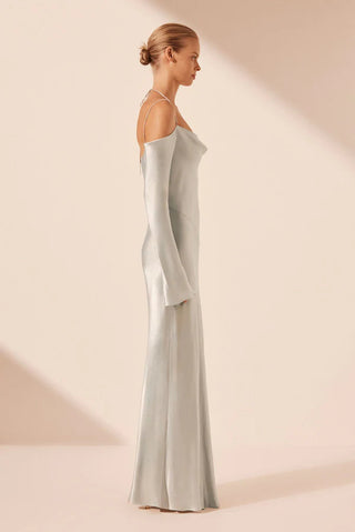 La Lune Off Shoulder Tie Maxi Dress | Silver