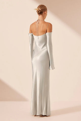 La Lune Off Shoulder Tie Maxi Dress | Silver
