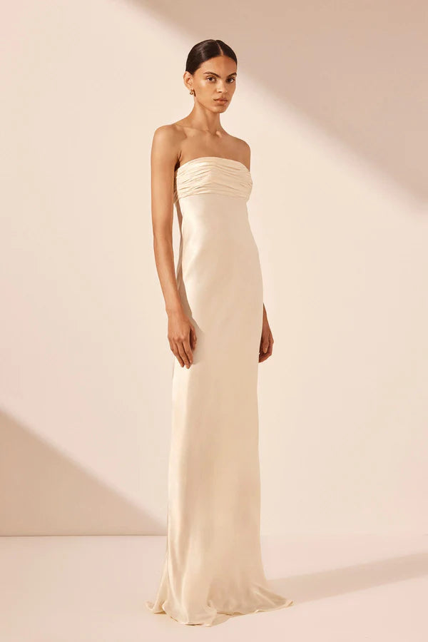 La Lune Strapless Ruched Bodice Maxi Dress | Cream LoversLand La Lune Strapless Ruched Bodice Maxi Dress | Cream LoversLand
