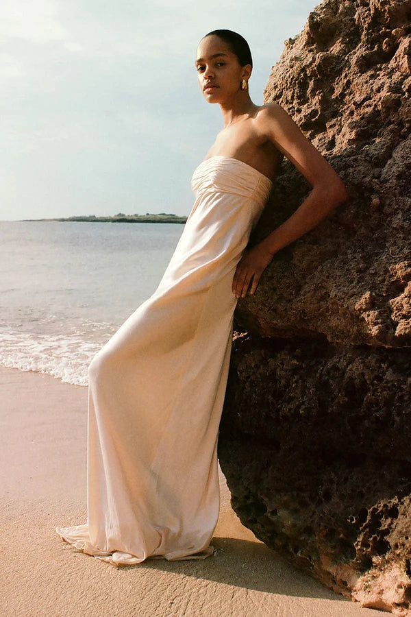 La Lune Strapless Ruched Bodice Maxi Dress | Cream LoversLand La Lune Strapless Ruched Bodice Maxi Dress | Cream LoversLand