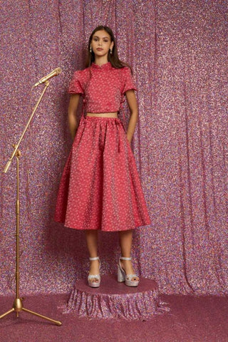 Flower Power Jacquard Midi Skirt | Ruby Red