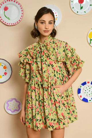 Bunches Printed Ruffle Dress | Pistaccio Green