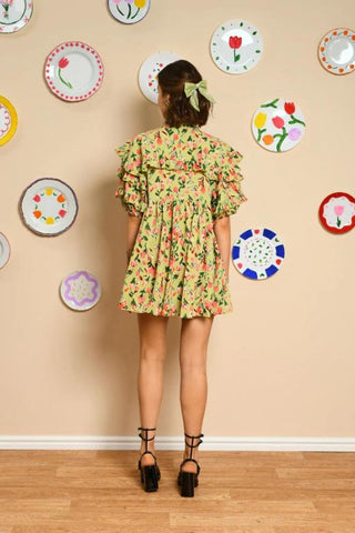 Bunches Printed Ruffle Dress | Pistaccio Green