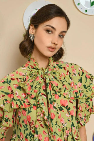 Bunches Printed Ruffle Dress | Pistaccio Green