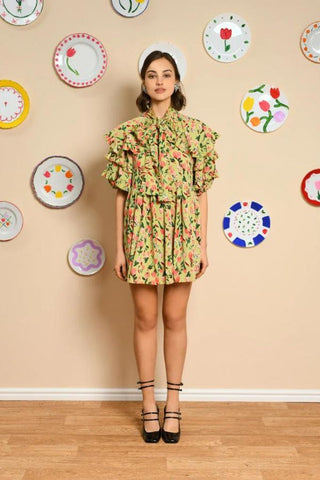 Bunches Printed Ruffle Dress | Pistaccio Green