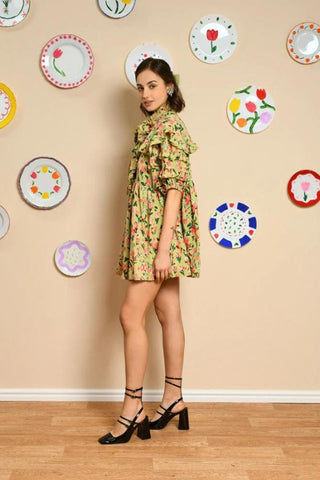 Bunches Printed Ruffle Dress | Pistaccio Green