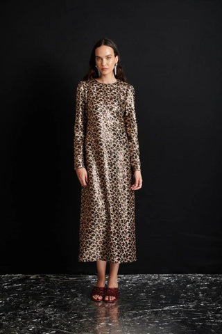Yara Sequin Leopard Midi Dress | Gold Brown