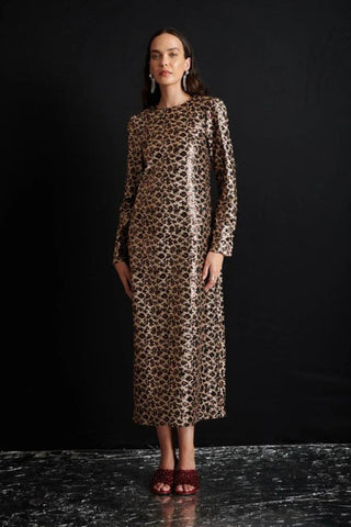 Yara Sequin Leopard Midi Dress | Gold Brown