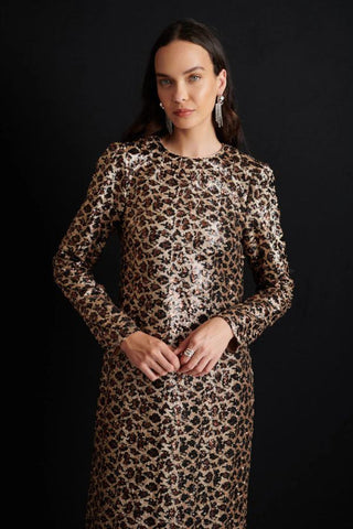 Yara Sequin Leopard Midi Dress | Gold Brown