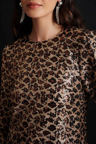 Yara Sequin Leopard Midi Dress | Gold Brown