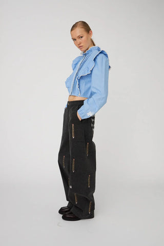 Chambray Cropped Frill Shirt | Light Blue