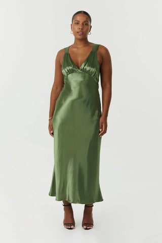 Satin Gather Bra Bias Slip Dress | Olive