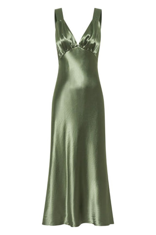 Satin Gather Bra Bias Slip Dress | Olive