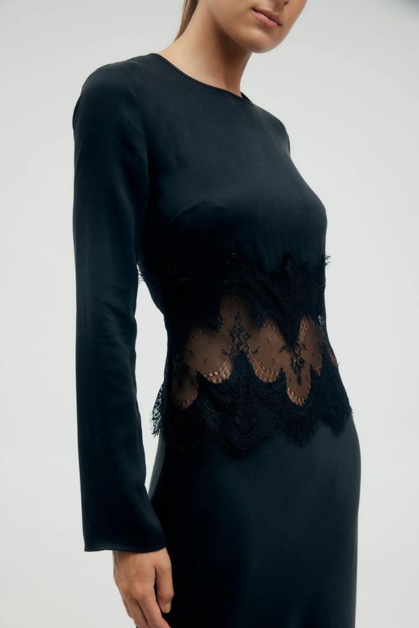 Visions Lace Trim LS Maxi Dress Ebony LoversLand