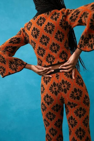 Knitted wool blend jaquard floral pants