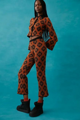 Knitted wool blend jaquard floral pants
