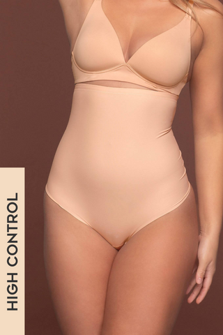 The Sculpting High Waist Thong has a high control shaping effect that sculpts your body in a comfortable way. Designed by ByeBra, available in black and beige. 