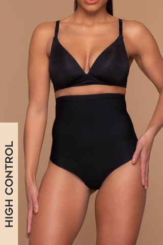 The Sculpting High Waist Thong has a high control shaping effect that sculpts your body in a comfortable way. Designed by ByeBra, available in black and beige. 