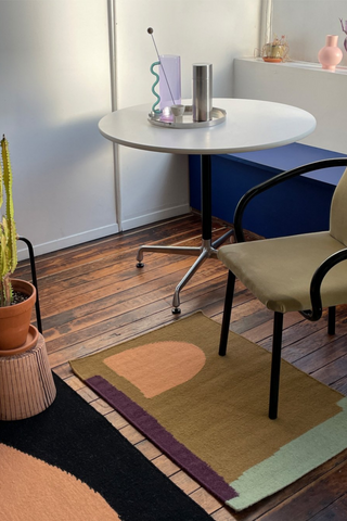 Make your days a little softer with Cold Picnic's abstract rug featuring bright summer hues. Cold Picnic's flat weave rugs offer a lightweight and slightly more casual update to their trademark hand tufted rugs. Their texture is pleasantly scratchy (think vintage wool sweaters or your sweetheart’s stubble). 
