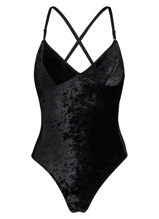 A thong bodysuit featuring cut out back detailing and crossed back strapping made of bonded Italian jersey. The stretch velvet front is contrasted by a power mesh back for extra movement. Two-piece vertically seamed cups with lining give excellent structure and support. Our most comfortable thong and bodysuit combined into one! Made by Fortnight Lingerie in Toronto. 
