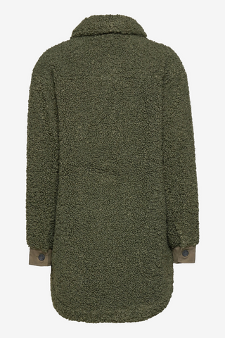 No winter wardrobe is complete without a cozy lounge coat. Wrap yourself up in this mid-length coat jacket, featuring a classic collar, straight silhouette, front beige-olive pockets and black buttons up the front. Designed by Just Female. 
