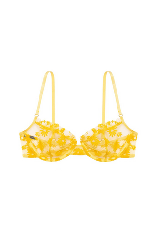 Made in Poland  Fabric:  100% Recycled polyester  Care:  hand washThe Clivia Bra Underwire bra is giving us all of the summer and spring feels with their beautiful and bright flower detailing. Made of yellow material in delicate, flocked flowers, decorated with a delicate frill at the top of the cups. Fastened with hooks at the back and the straps are easily adjustable. Pair with the Bignone breifs for the perfect flirty summer set. 