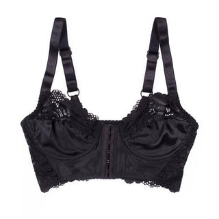 Designed by Lonely Hearts Lingerie, this underwired stretch silk satin and lace bra features scalloped edges at the neckline and band. For easy comfort and support, the bra features wide supportive adjustable straps with a front hook and eye closure. Cold wash separately.