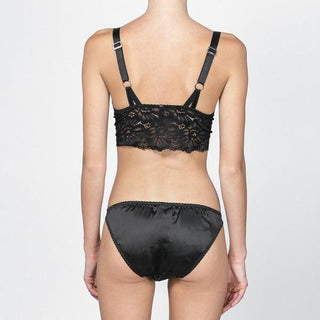 Designed by Lonely Hearts Lingerie, these low waist stretch silk satin and lace brief underwear feature scalloped edges at the leg line with a comfortable cotton gusset. Cold wash separately. Pair with the rest of the Cyd set in redwood or black! 