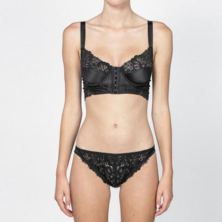 Designed by Lonely Hearts Lingerie, these low waist stretch silk satin and lace brief underwear feature scalloped edges at the leg line with a comfortable cotton gusset. Cold wash separately. Pair with the rest of the Cyd set in redwood or black! 
