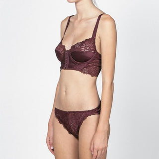 Designed by Lonely Hearts Lingerie, these low waist stretch silk satin and lace brief underwear feature scalloped edges at the leg line with a comfortable cotton gusset. Cold wash separately. Pair with the rest of the Cyd set in redwood or black! 