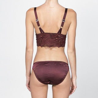 Designed by Lonely Hearts Lingerie, these low waist stretch silk satin and lace brief underwear feature scalloped edges at the leg line with a comfortable cotton gusset. Cold wash separately. Pair with the rest of the Cyd set in redwood or black! 
