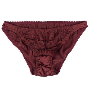 Designed by Lonely Hearts Lingerie, these low waist stretch silk satin and lace brief underwear feature scalloped edges at the leg line with a comfortable cotton gusset. Cold wash separately. Pair with the rest of the Cyd set in redwood or black! 