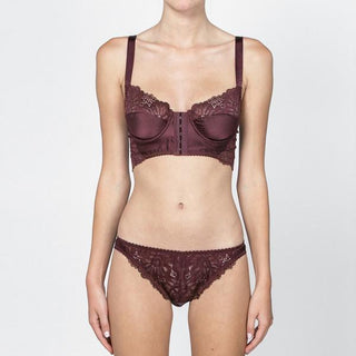 Designed by Lonely Hearts Lingerie, these low waist stretch silk satin and lace brief underwear feature scalloped edges at the leg line with a comfortable cotton gusset. Cold wash separately. Pair with the rest of the Cyd set in redwood or black! 