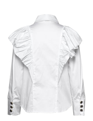 Scandi-style fashion straight from Copenhagen. Notes du Nord does a fabulous job at serving exaggerated ruffles and puffy sleeves for an elevated but casual look. Tuck this white button-up into jeans, skirts, or shorts for any occasion. Made from a super soft cotton blend. 