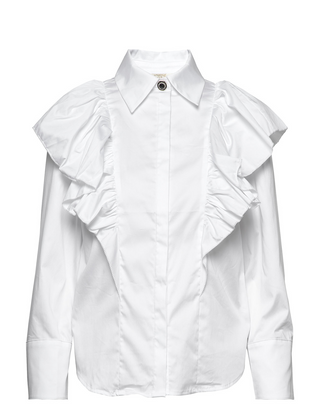 Scandi-style fashion straight from Copenhagen. Notes du Nord does a fabulous job at serving exaggerated ruffles and puffy sleeves for an elevated but casual look. Tuck this white button-up into jeans, skirts, or shorts for any occasion. Made from a super soft cotton blend. 