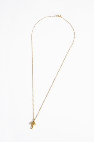 Designed by Wolf Circus. The funky Mushroom Charm Necklace is 18" in length, with a 14k gold plated bronze on gold-filled singapore chain. Made in Vancouver, Canada. 